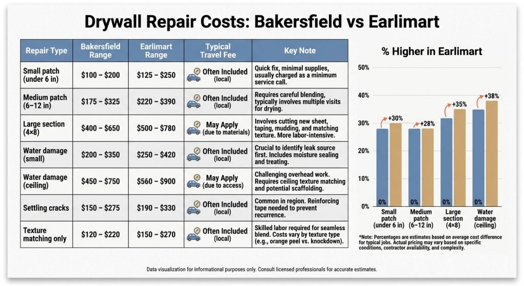 Drywall repair cost comparison between Earlimart and Bakersfield.