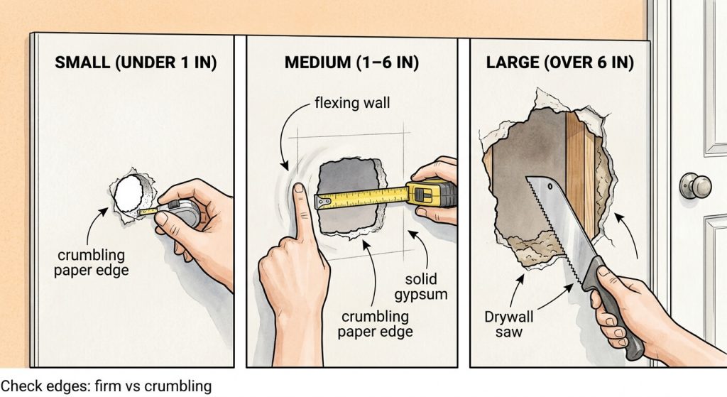 How to Repair A Doorknob and Punch Holes in North Hollywood: A Beginner’s Guide 2026 1 Illustration showing small, medium, and large drywall hole repair methods.