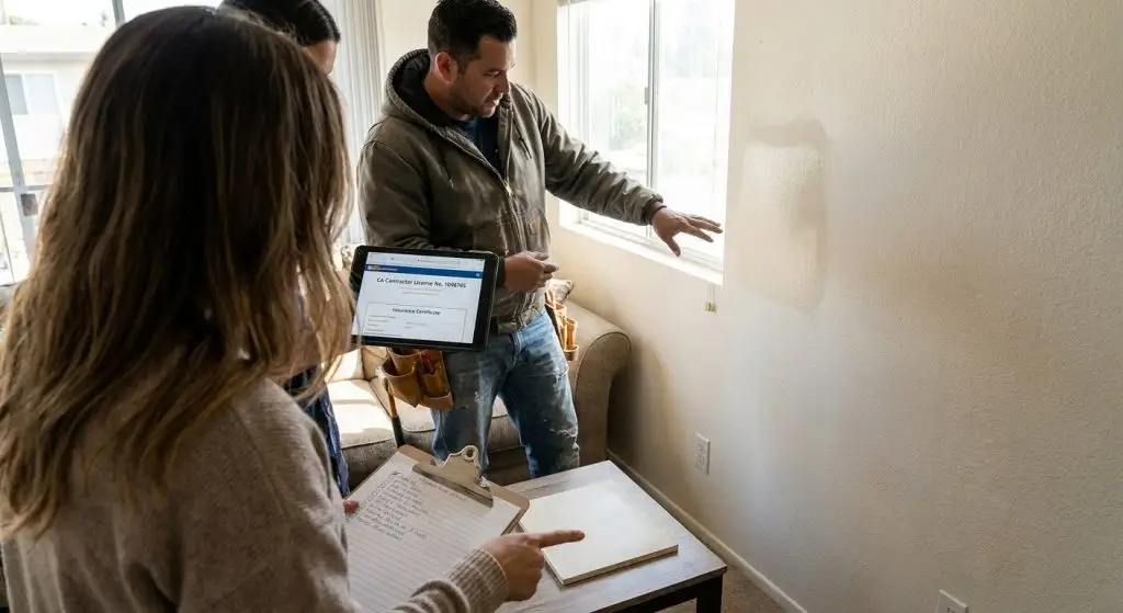 Punch hole inspection in Tarzana apartment with contractor assessing drywall damage before repair