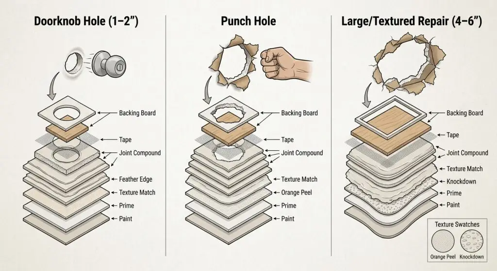 Punch Hole Repair in Tarzana: Costs, Vetting, and Fast Service in 2026 2 Drywall punch hole repair methods showing layered patching process for small, medium, and textured wall damage