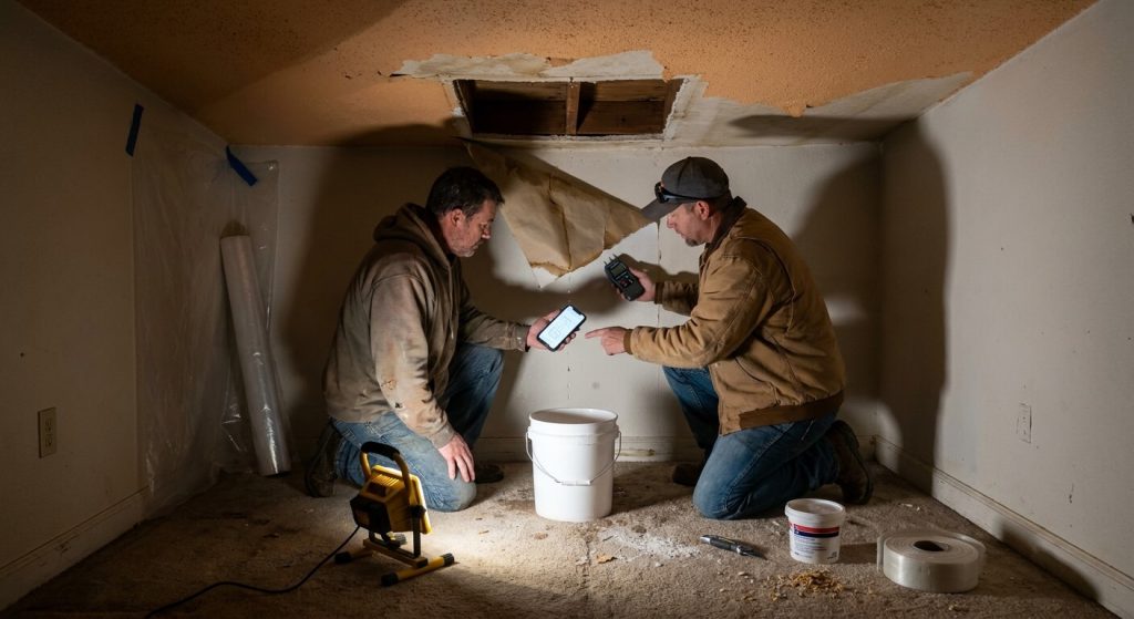 Contractors repairing drywall ceiling damage inside a residential home