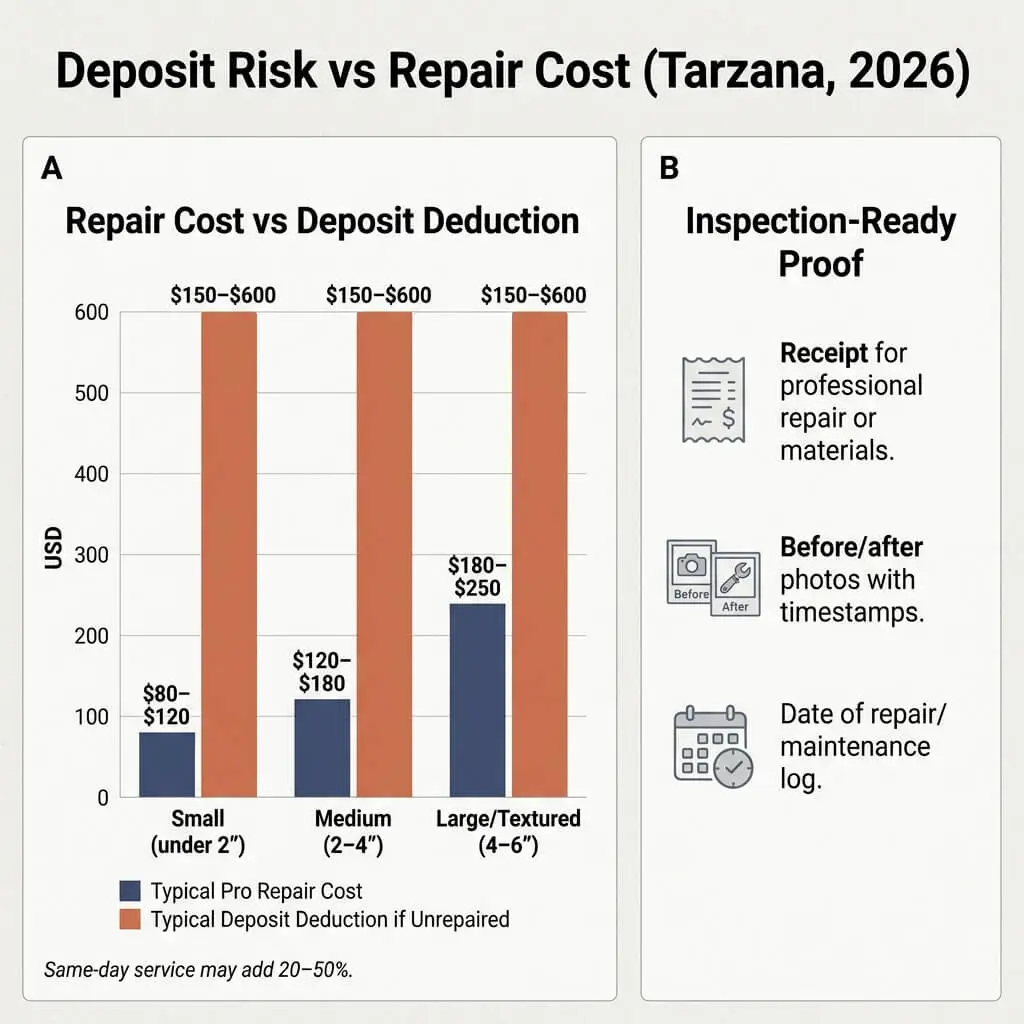 Punch Hole Repair in Tarzana: Costs, Vetting, and Fast Service in 2026 3 Tarzana punch hole repair cost comparison chart showing repair expenses versus potential security deposit deductions