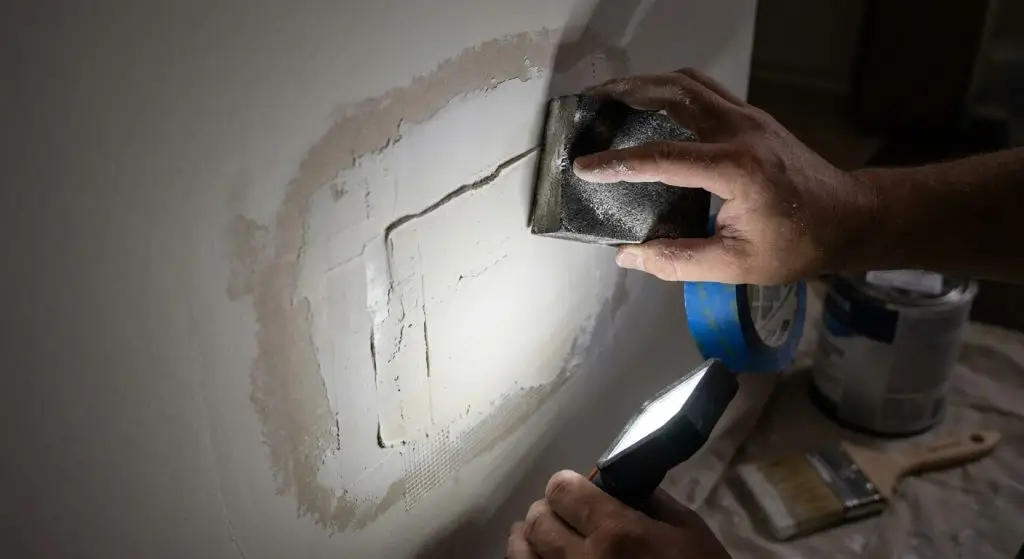 Can I repair drywall myself? DIY vs Professional 1 Homeowner sanding a drywall patch during a DIY drywall repair project