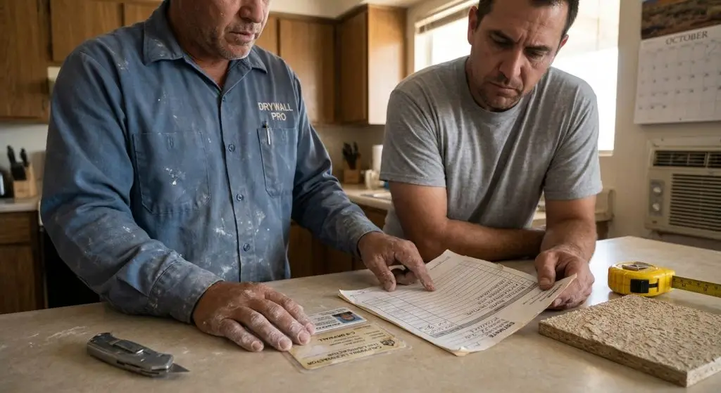 Barstow homeowner reviewing drywall repair estimate, contractor credentials, and texture matching samples
