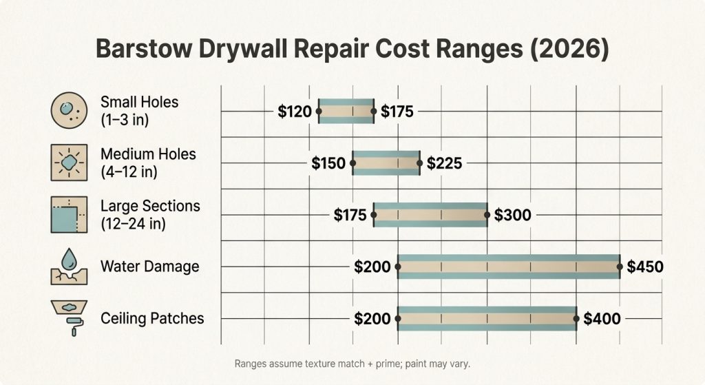 Barstow drywall repair cost chart showing price ranges for holes, water damage, ceiling patches, and large wall repairs