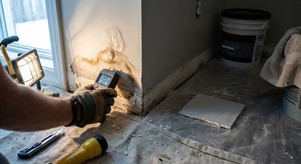 Drywall repair tools including joint compound, putty knife and sanding materials