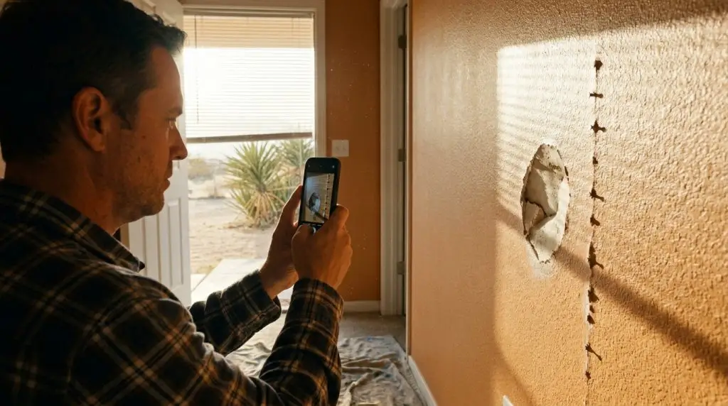Homeowner photographing drywall hole damage for a repair quote in a Barstow three-bedroom house