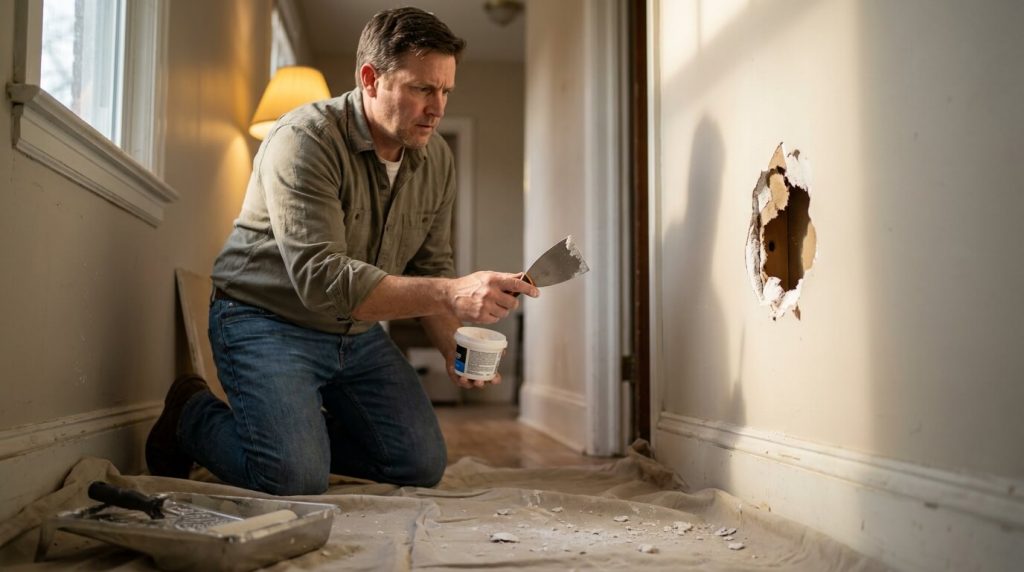 Professional repairing a drywall hole with joint compound for a seamless finish