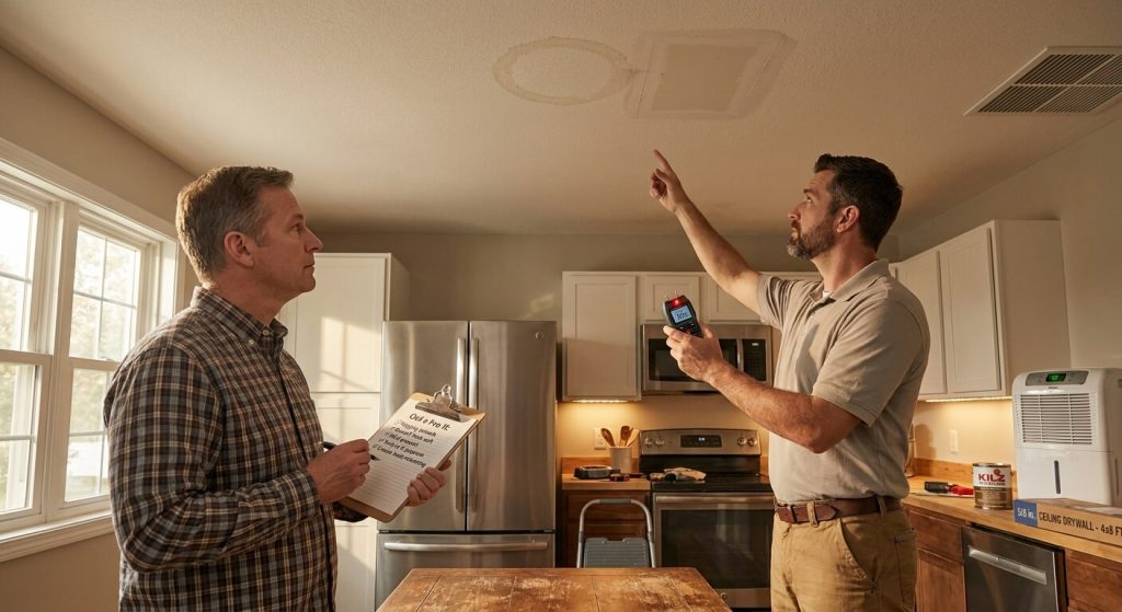Can Ceiling Drywall Be Repaired? DIY Guide 1 Ceiling drywall with visible damage and repair patches demonstration.