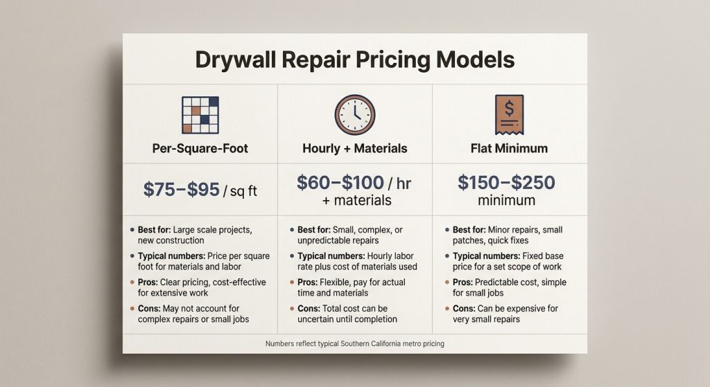 How Much Should a Drywall Repair Cost? 2 Comparison of drywall repair pricing models including per-square-foot, hourly labor, and flat-rate pricing.