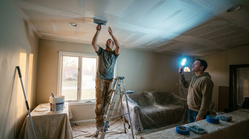 Can Ceiling Drywall Be Repaired? DIY Guide 2 Contractor repairing damaged ceiling drywall using professional repair techniques.