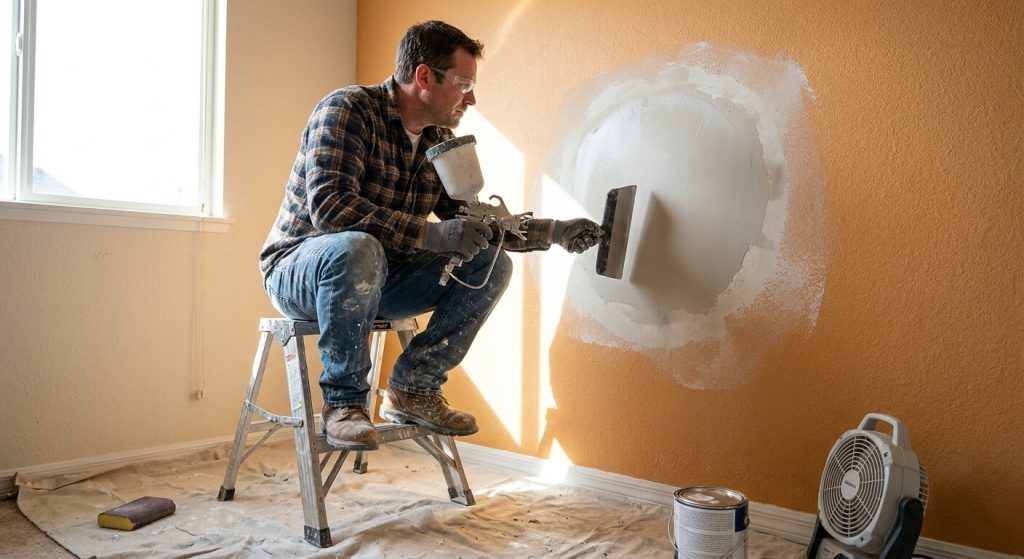 How Much Should a Drywall Repair Cost? 3 Contractor repairing drywall while matching wall texture for an invisible finish.