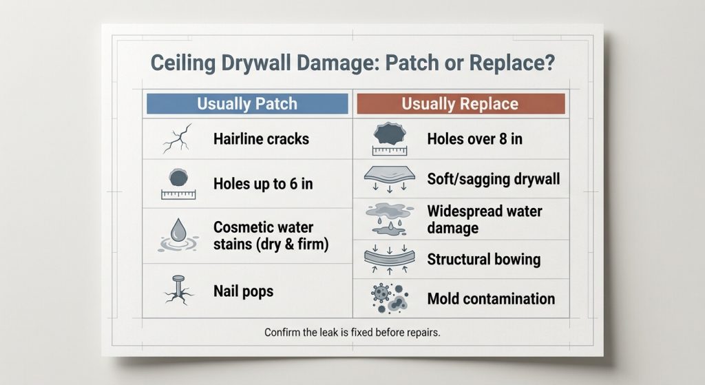 Can Ceiling Drywall Be Repaired? DIY Guide 3 Ceiling drywall repair decision chart showing when to patch or replace damaged drywall