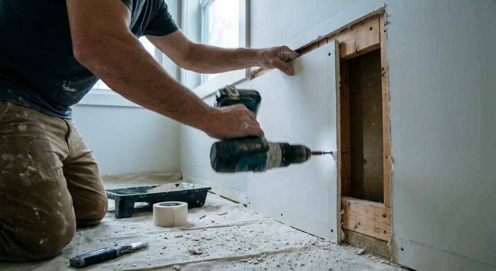 What is the Best Method of Repair for Drywall? A Beginner’s Guide to Professional Techniques 3 Close-up of applying joint compound and feathering drywall for a smooth professional finish.