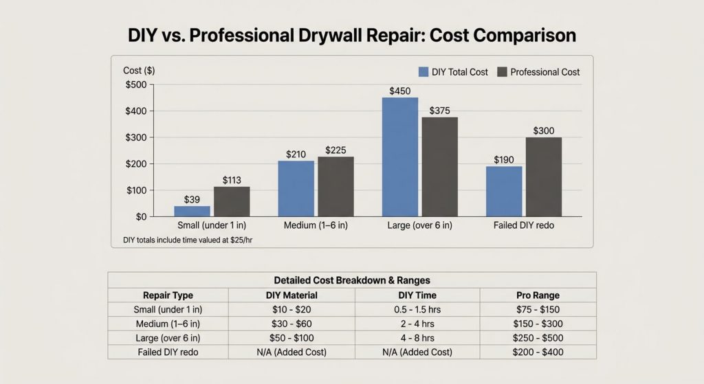 DIY versus professional drywall repair cost comparison chart