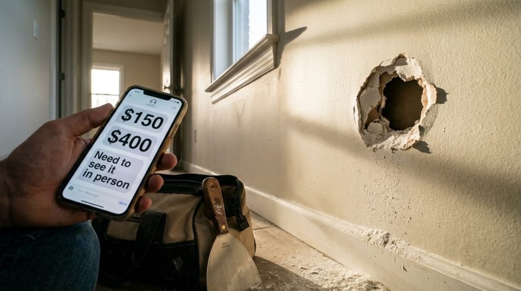 How Much Should a Drywall Repair Cost? 4 Smartphone displaying a drywall repair quote beside damaged drywall.