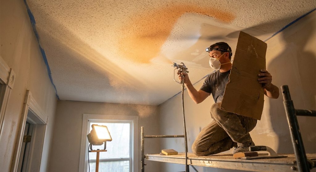 Can Ceiling Drywall Be Repaired? DIY Guide 4 Professional applying the final finish to a repaired ceiling drywall surface.