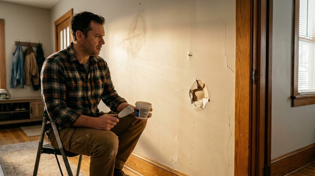 What is the Best Method of Repair for Drywall? A Beginner’s Guide to Professional Techniques 4 Professional checking completed drywall repair before painting.