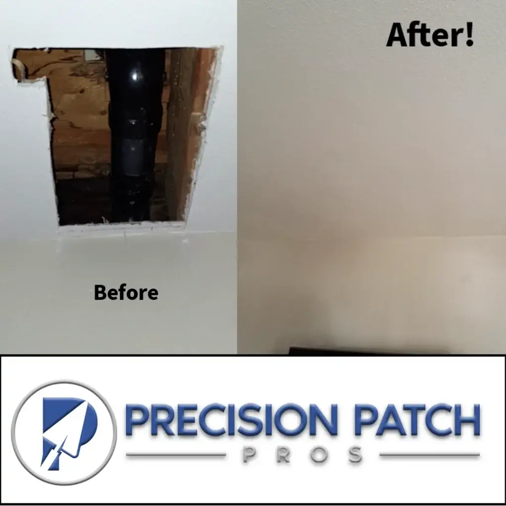 Before and after ceiling access hole repair with logo