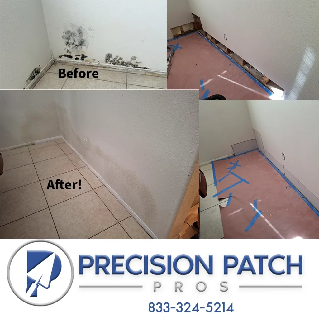 Before and after collage of mold-damaged wall repair with Precision Patch Pros logo