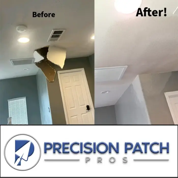 Before and after of ceiling foot-through repair with logo