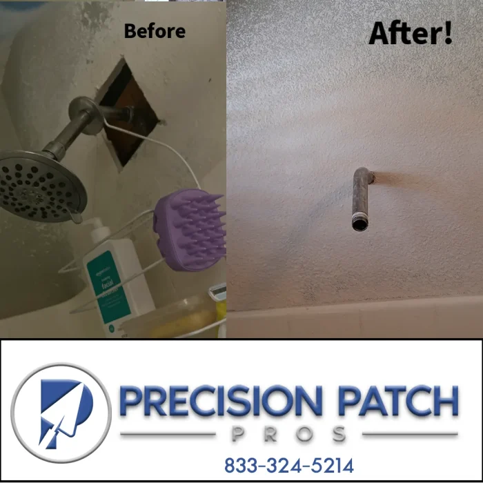 Before and after shower wall repair with logo