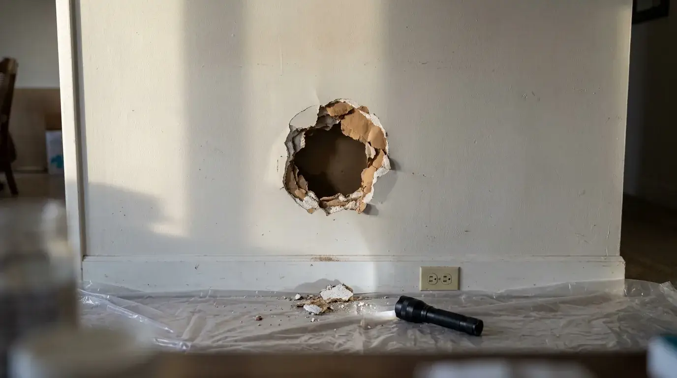 Large ragged hole in painted drywall above a baseboard, showing torn paper and crumbled gypsum