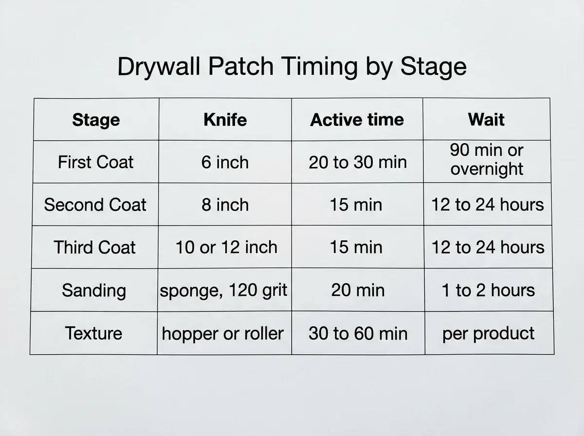 Table showing drywall patch stages with knife sizes, active time, and drying wait times