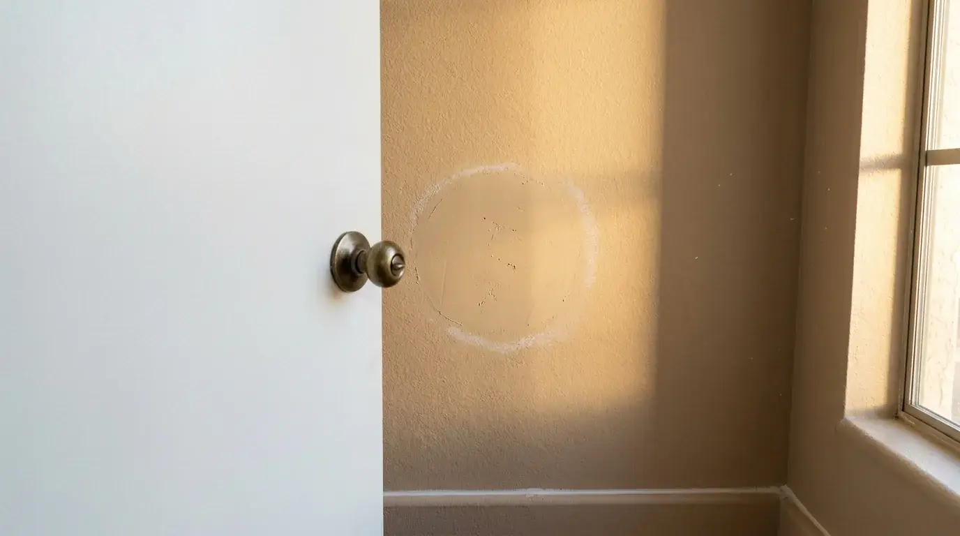 Open interior door with knob near a freshly repaired circular drywall patch at knob height on a textured wall