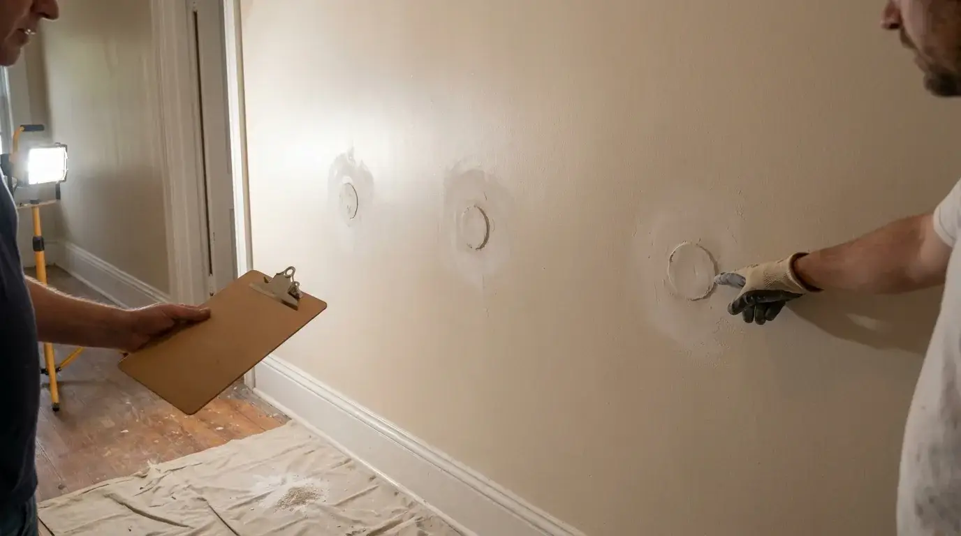 Three repaired doorknob-sized wall patches in a hallway as a contractor points while a clipboard is held nearby