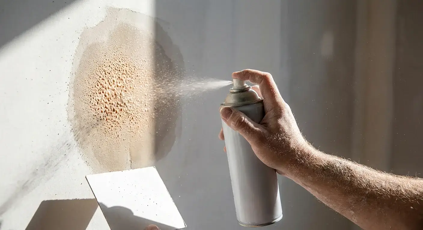 Hand spraying orange-peel texture onto a small repaired drywall patch with a test board catching overspray