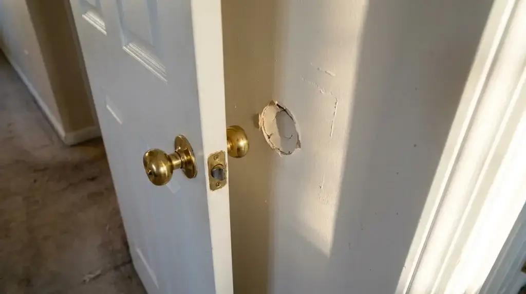 Doorknob and Punch Hole Repair in Hesperia: A Local Guide to Fast Door and Drywall Fixes 2 Open bedroom door with knob aligned to a round drywall crater at handle height, lit with raking window light