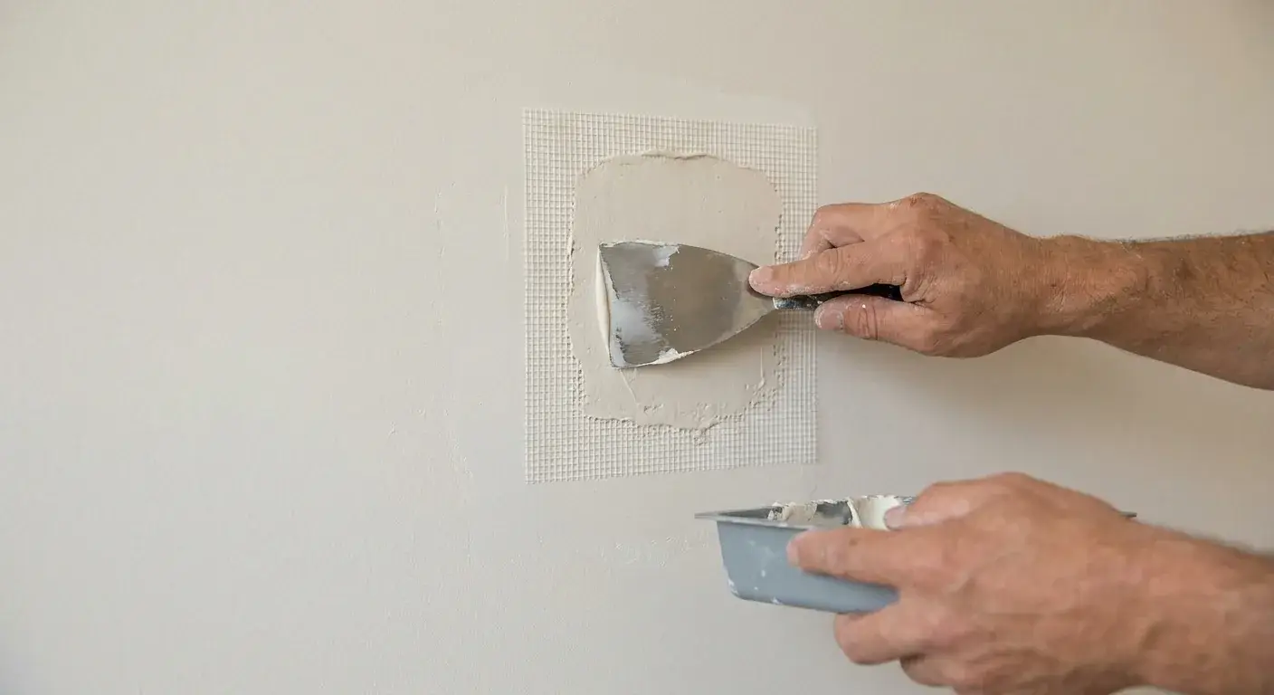 Hands spreading joint compound over a mesh drywall patch with a taping knife