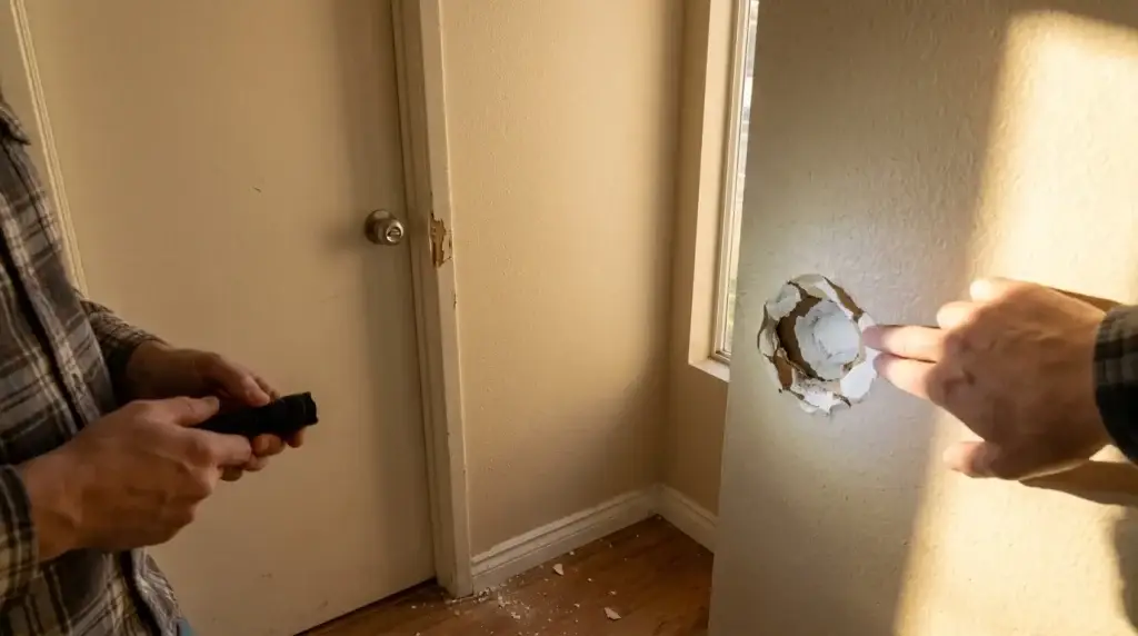 Hallway drywall with a doorknob-sized hole lit by raking window light to show the dent and torn paper edge.