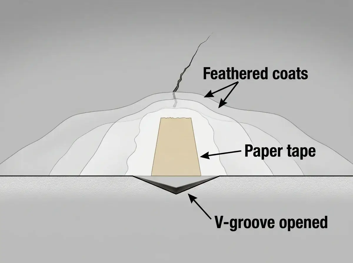 Drywall Damage Repair: What’s Causing It and How to Fix It 2 Diagram comparing a skimmed crack versus a reinforced paper-tape repair with a V-groove and feathered coats.