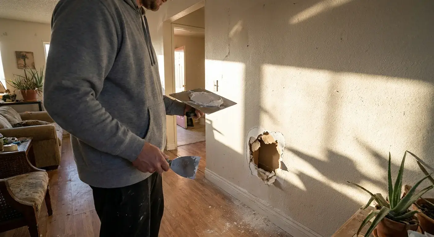 Doorknob-sized drywall hole above a baseboard in a sunlit high-desert home interior