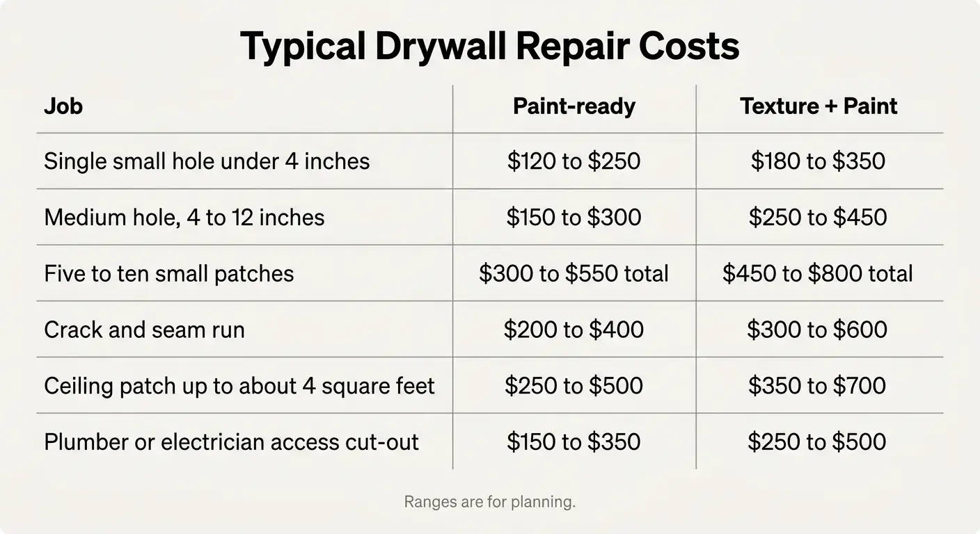 Table comparing paint-ready versus texture-and-paint drywall repair cost ranges for common jobs