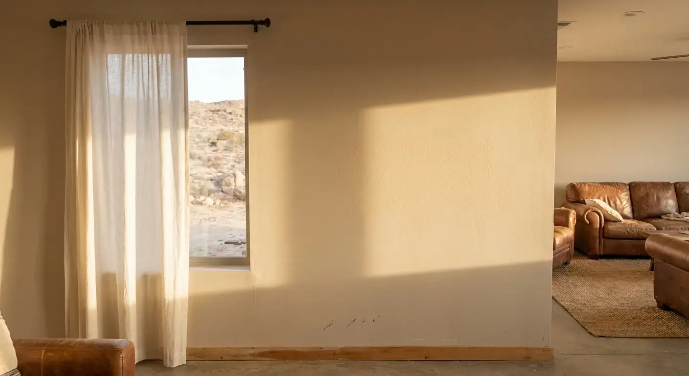 Grazing sunlight across a wall shows a seamless drywall repair with matching texture and a crisp window corner