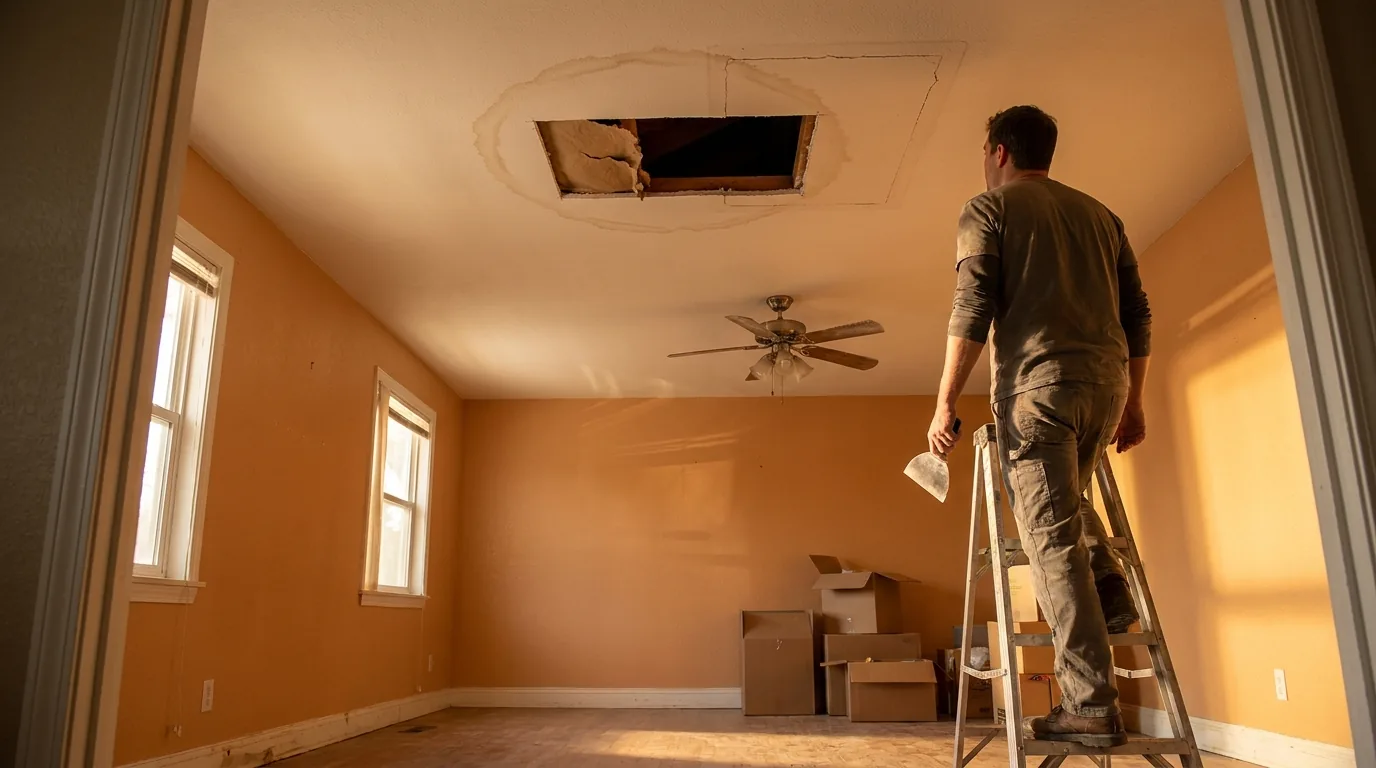 Ceiling with a rectangular cutout, faint water ring, and hairline crack visible in raking afternoon light.