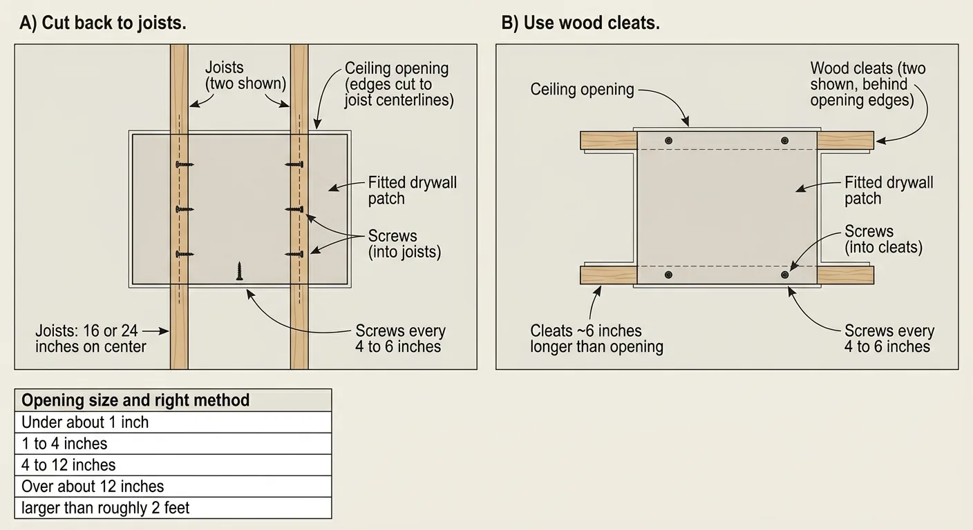 Diagram showing ceiling patch support options with joists or wood cleats and a size-to-method table.
