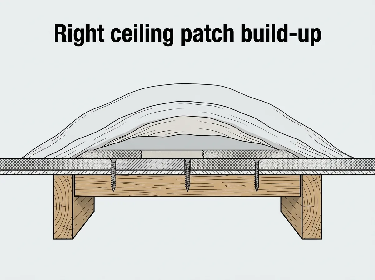 Wrong-vs-right illustration of a ceiling patch seam showing backing, tape choice, and feathered coats.