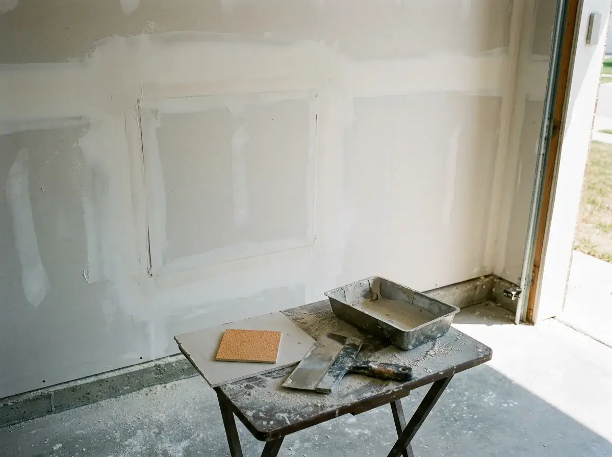 Hands applying a thin feathered coat of joint compound on a ceiling patch, with tools and a small texture test panel nearby.