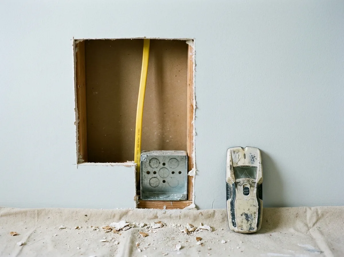 Squared drywall access hole with visible electrical cable near an outlet box, showing why blind cutting is risky.