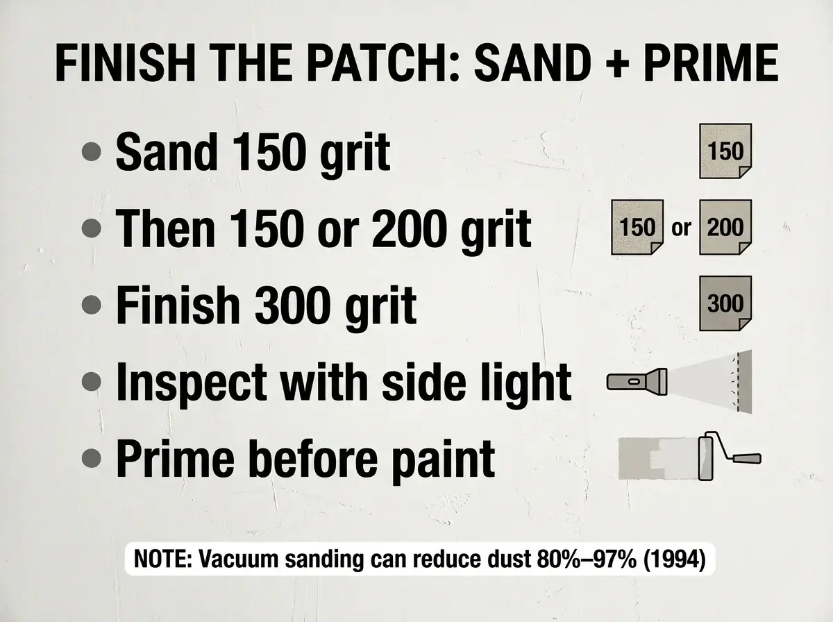 Infographic showing sanding grit sequence, side-light inspection, and priming to prevent flashing on drywall patches.