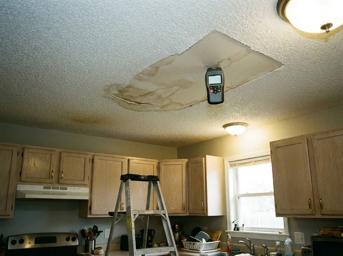 Moisture meter checking a water-stained, sagging popcorn ceiling area from a stepladder.