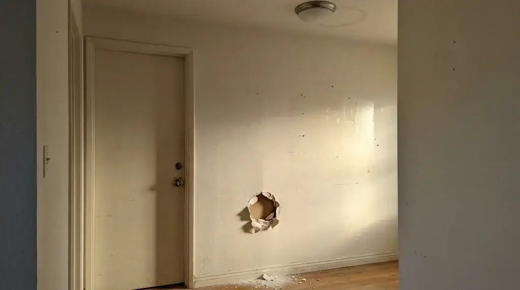 Doorknob hole in drywall behind a door with raking light revealing an old patch and a faint ceiling stain.