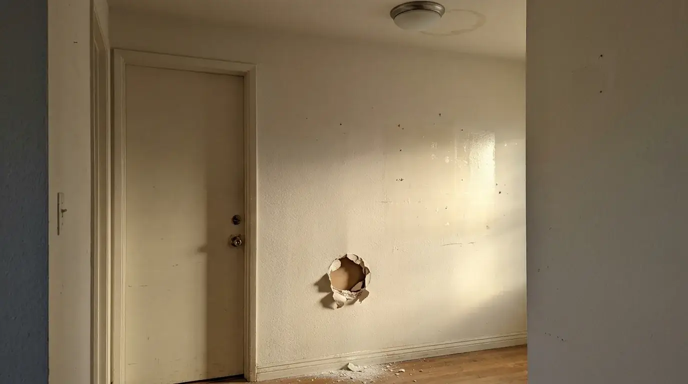 Doorknob hole in drywall behind a door with raking light revealing an old patch and a faint ceiling stain.