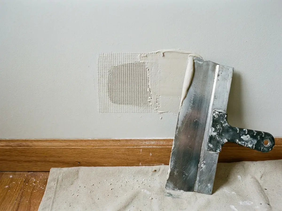 Hands applying joint compound over a mesh patch, feathering the edges for a small drywall repair.