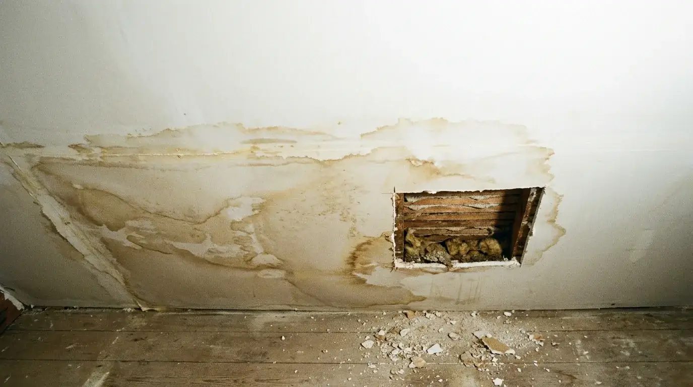 Sagging, water-stained drywall ceiling with a small cut-out edge and debris on the floor below.