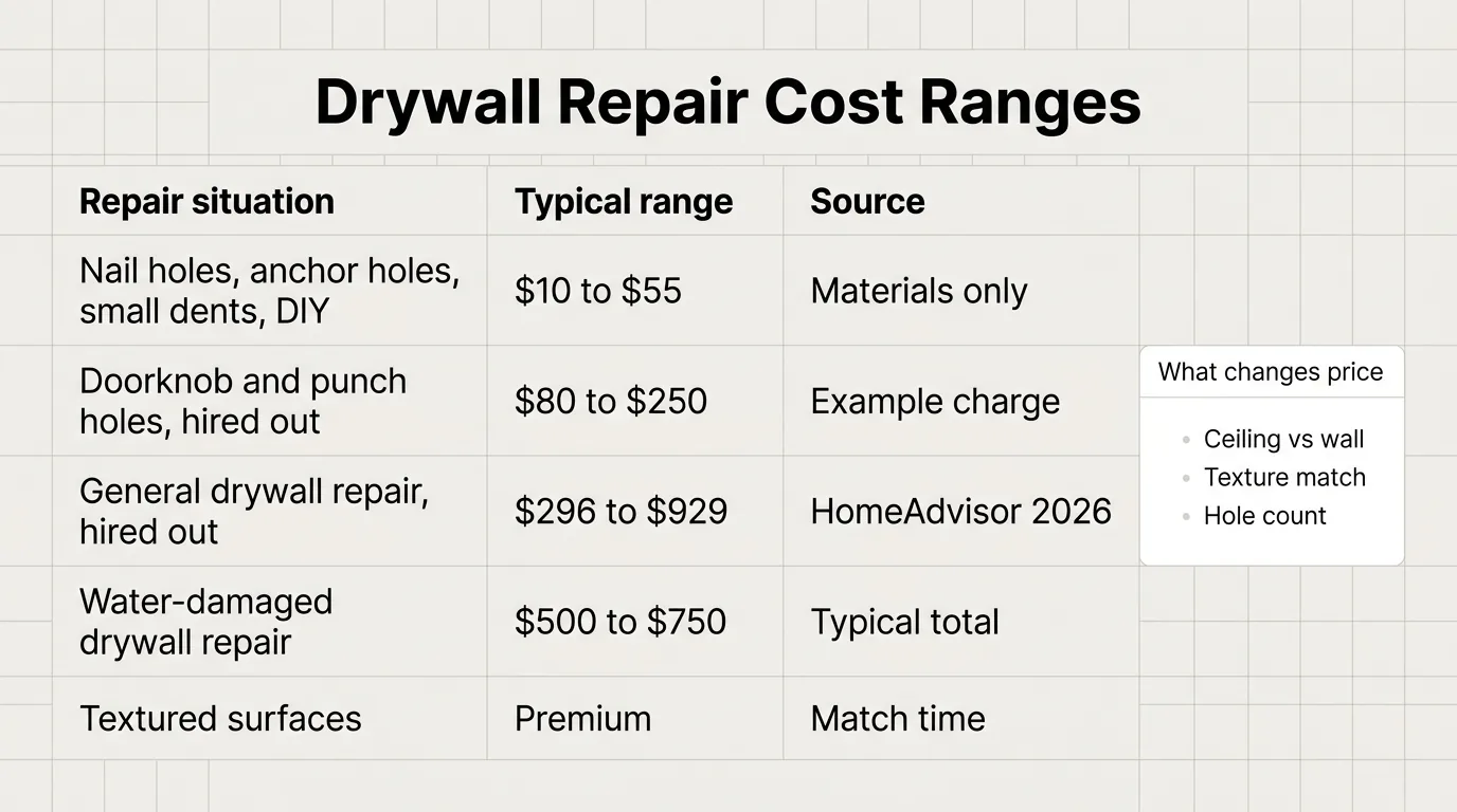 Table showing typical drywall repair cost ranges by repair situation, including DIY small holes and water-damage repairs.